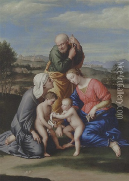 The Holy Family With The Infant Saint John The Baptist And Saint Elizabeth Oil Painting - Giovanni Battista Salvi (Il Sassoferrato)