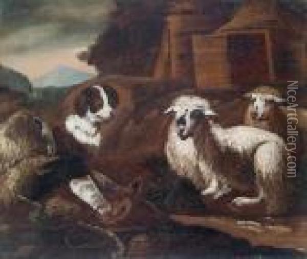 A Shepherd
With Two Sheep And A Dog In A Landscape Oil Painting - Philipp Peter Roos