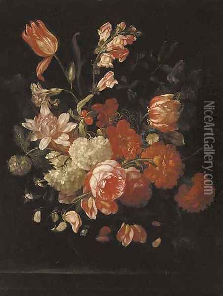 Tulips, roses, chrysanthemums, carnations, morning glory and other flowers in a glass vase on a ledge Oil Painting - Rachel Ruysch