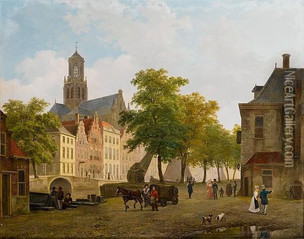 Figures By St Bavo Church, Haarlem Oil Painting - Bartholomeus J. Van Hove