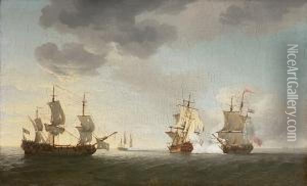 The Taking Of The French 
Merchantmen 'marquese D' Antin' And 'louis Erasme' By The English 
Privateers 'prince Frederick' And 'duke', 10th. July Oil Painting - Charles Brooking