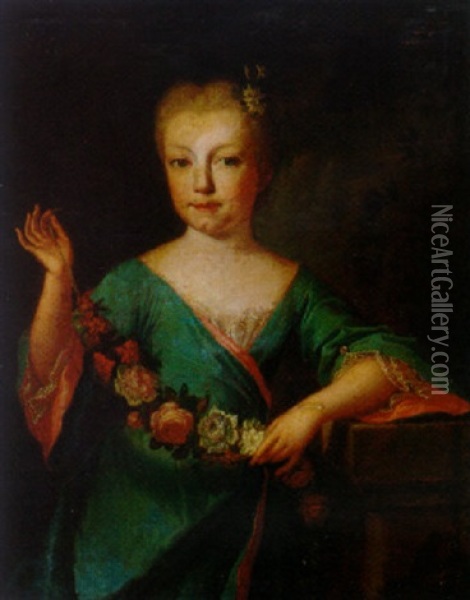 Portrait Of A Young Lady In A Blue Dress With Lace Trim, Holding A Garland Of Flowers Oil Painting - Alexis-Simon Belle