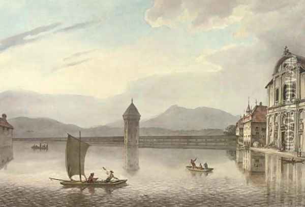 View of Lucerne, Kapellbrucke, Switzerland Oil Painting - William Marlow