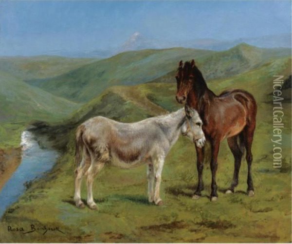 A Pony And A Donkey In A Mountain Landscape Oil Painting - Rosa Bonheur