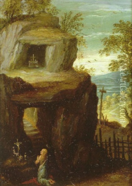The Penitent Mary Magdalen Adoring A Crucifix In A Rocky Landscape Oil Painting - Marten Ryckaert