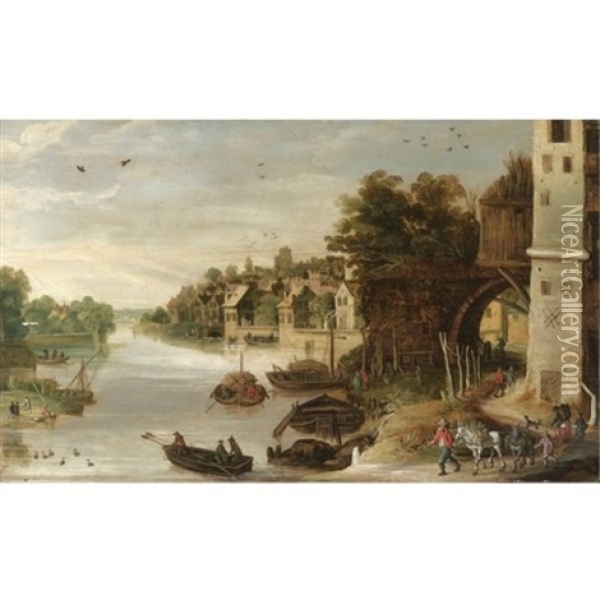 A Village Scene By A River, Said To Be A View Of Treviso Oil Painting - Philips de Momper the Younger