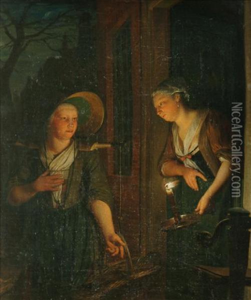 Candlelit Scene With Two Women Within An Interior Oil Painting - Godfried Schalcken