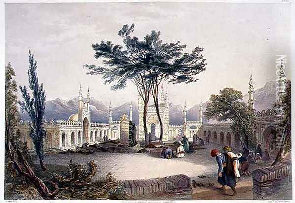 Mosque of Goolaum Hoossein Huzrut-Jee, the Great Prophet of the Afghauns, and the Tombs of the Kings at Kandahar, plate 30 from Scenery, Inhabitants and Costumes of Afghanistan, engraved by R. Carrick c.1829-1904, 1848 Oil Painting - James Rattray
