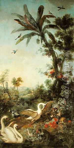 Monkeys and Swans panel from the bedroom of Louis Henri I 1692-1740 Prince de Conde Oil Painting - Christophe Huet