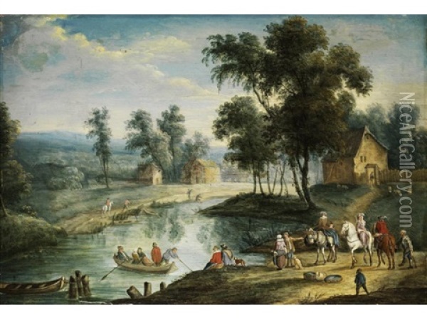 Figurenreiche Landschaft Mit Kleinem Flusslauf Und Seitlich Unter Baumen Stehenden Hausern Oil Painting - Karel Beschey
