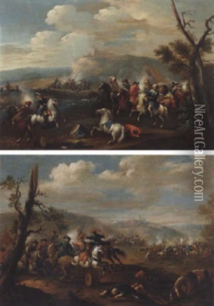 A Cavalry Battle Between Christians And Turks, A Hilltop Fort In The Distance Oil Painting - Karel Breydel