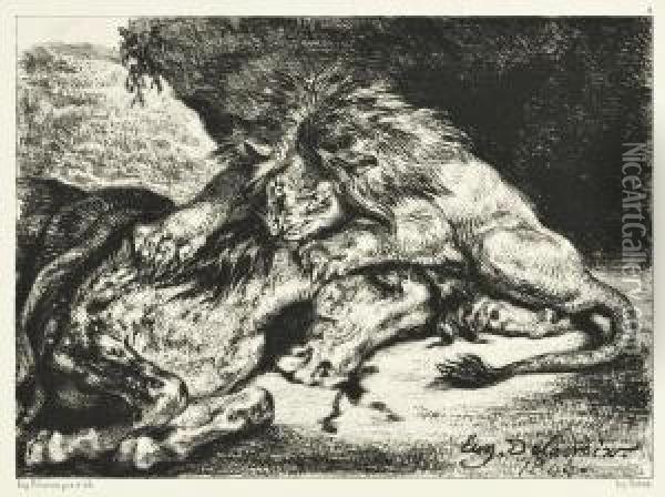 Lion Devorant Un Cheval (delteil 126) Oil Painting - Eugene Delacroix