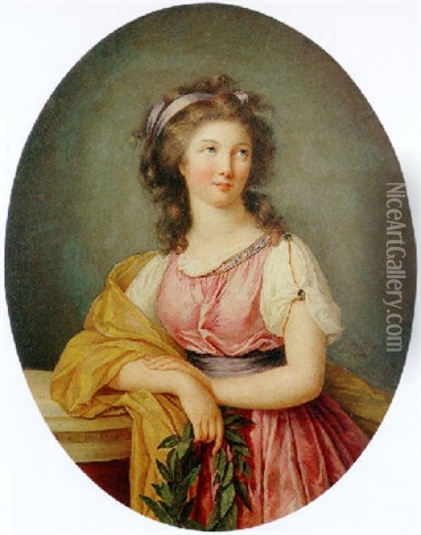Portrait Of A Girl In Neoclassical Dress At A Column Holding A Laurel Wreath Oil Painting - Marie-Victoire Lemoine