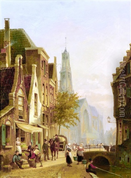 Cathedral, Vienna; Dutch Street Scene (pair) Oil Painting - Cornelis Christiaan Dommelshuizen
