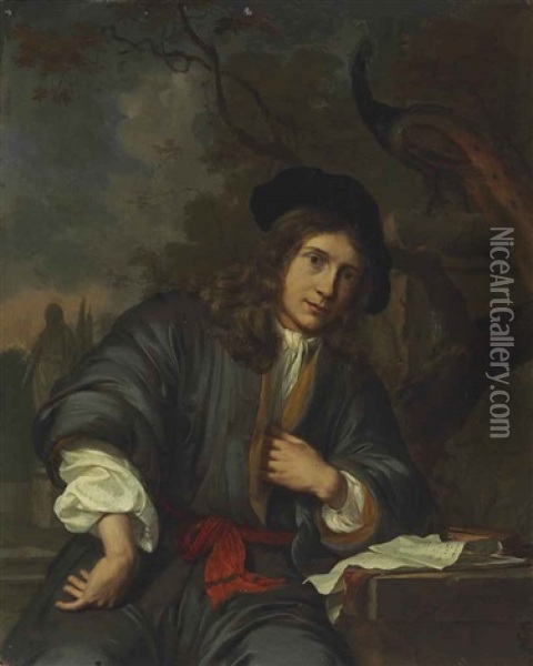 Portrait Of A Young Man, Three-quarter Length, Seated In A Garden With A Peacock Oil Painting - Mattheus Wytmans