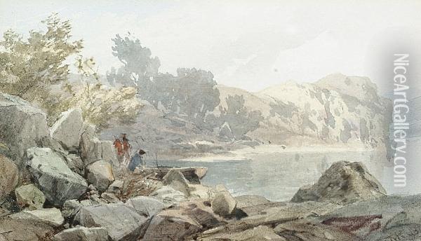 Two Figures With A Dinghy On A Rocky Shore Oil Painting - Thomas Miles Richardson
