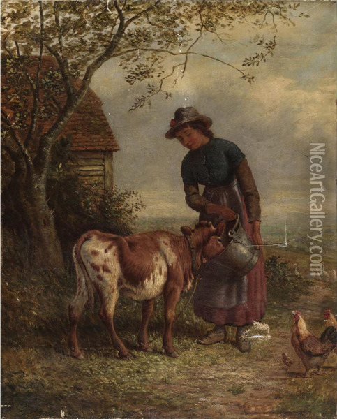 Feeding The Calf Oil Painting - George Holmes