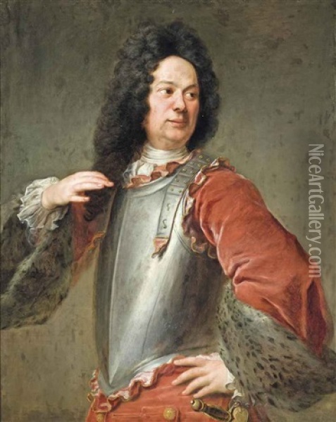 Portrait Of A Gentleman, Half-length, In A Breastplate And Red Coat With Fur Trim Oil Painting - Francois de Troy