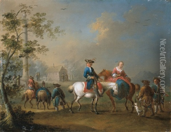 Elegante Reiter In Einer Landschaft (+ Aufbruch Zur Falkenjagd; 2 Works) Oil Painting - Johann Georg Pforr