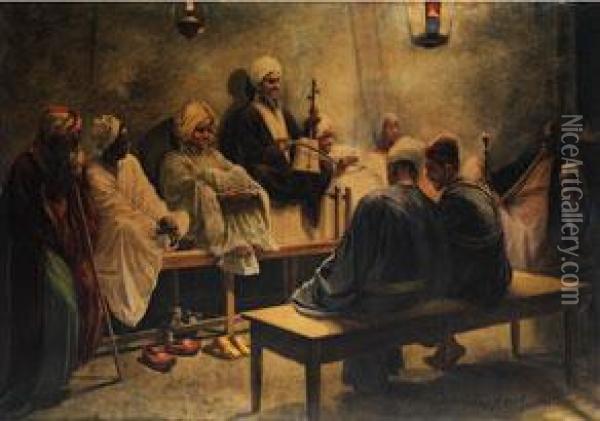 Orientalisches Interieur Mit Arabern, Einem Musikanten Lauschend Oil Painting - Oskar Herrfurth