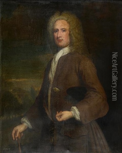 Three-quarter Length Portrait Of A Gentleman, (john Campbell?, 1st Cashier Of The Royal Bank Of Scotland) Oil Painting - William Aikman