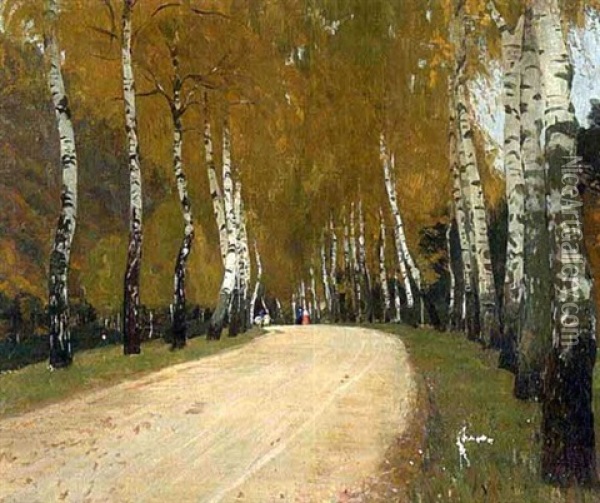 Birkenallee Im Herbst Oil Painting - Gustav Kampmann