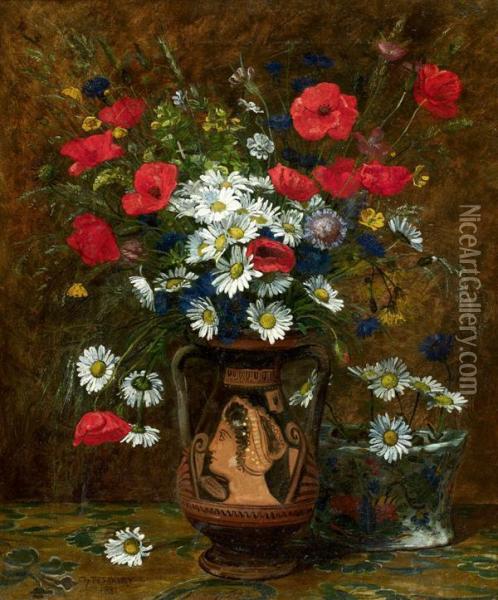Bouquet De Coquelicots, Marguerites Et Autres Fleurs Dans Un Vase Grec Oil Painting - Charles Desavary