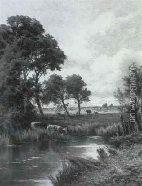 Evening On The Kennet, Berkshire Oil Painting - Henry H. Parker