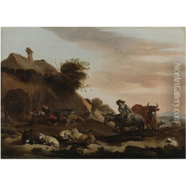 Landscape With Herders Tending To Their Livestock Outside Of A Barn Oil Painting - Jacob van der Does the Elder