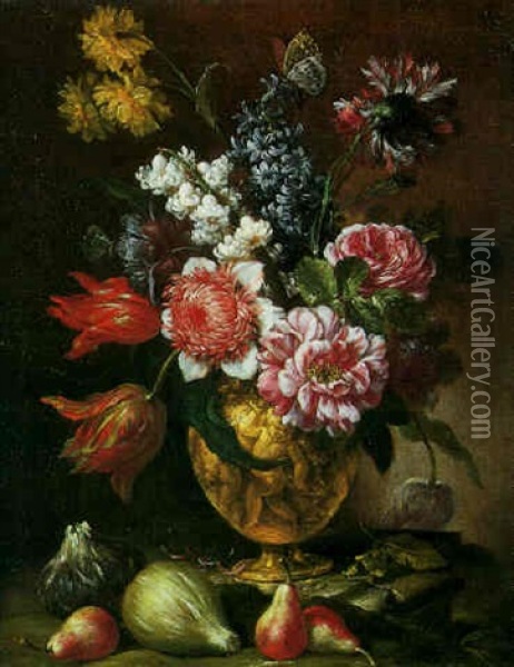 Bouquet De Fleurs Dans Un Vase Avec Des Fruits Sur Un Entablement Oil Painting - Ludovico Stern