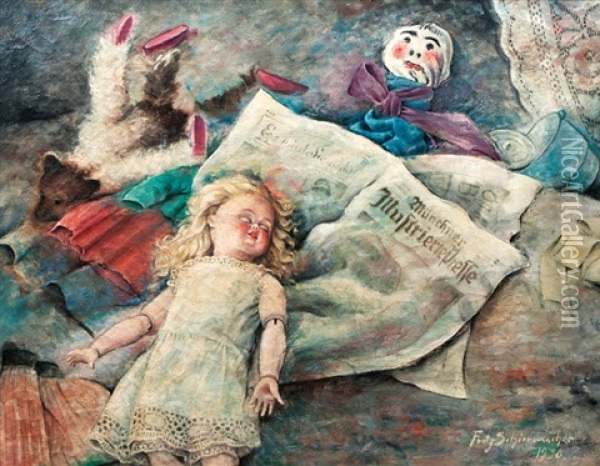 Stilleben Mit Spielzeug Und Zeitung Oil Painting - Fritz Schirrmacher