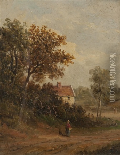 Figures On A Country Lane Beside Cottages (pair) Oil Painting - John Moore Of Ipswich