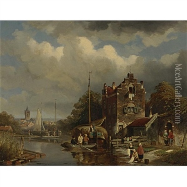 A Busy Day On The Canal Oil Painting - Jacques Francois Carabain