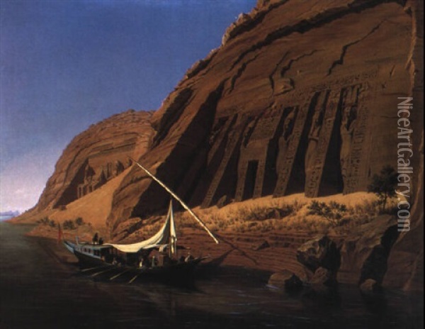 British Ship On The Nile By The Abou-simbel Monument, Egypt Oil Painting - Hubert Sattler