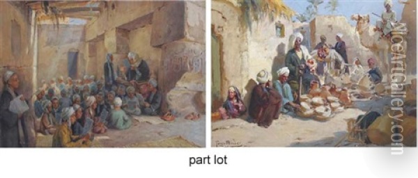 Pottery Market In Luxor (+ A School Class In Luxor, Watercolor; 2 Works) Oil Painting - Tony Binder