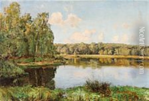 A Summer Landscape Near Lake And Forest Oil Painting - Frederik Julius August Winther