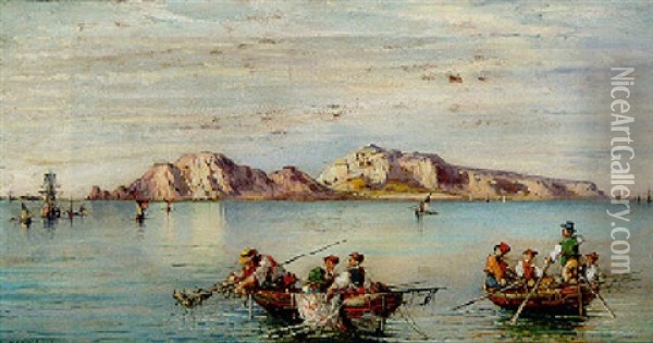 Fishing Boats Before The Island Of Capri Oil Painting - Consalvo Carelli