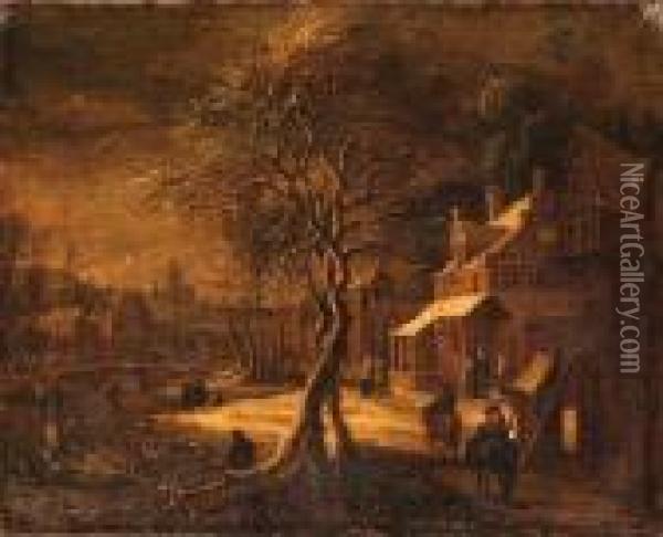 A Winter Landscape With Travellers On A Path In A Village, A Frozenwaterway Nearby Oil Painting - Daniel van Heil