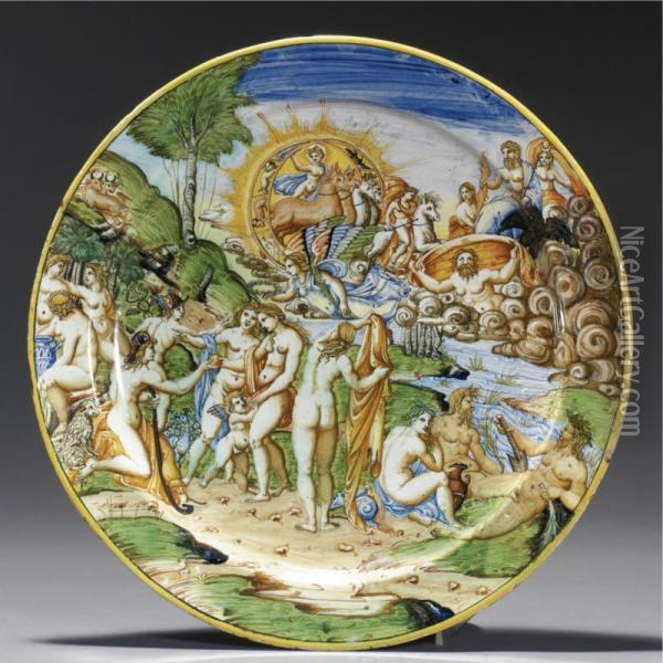 A Large Italian Maiolica Istoriato Plate Depicting The Judgement Of Paris Oil Painting - Domenico Da Venezia