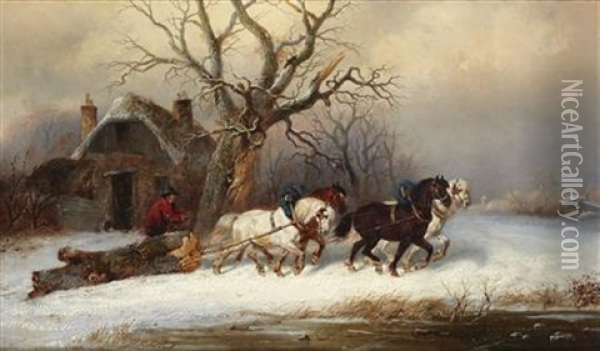 Timber Wagon In The Snow Oil Painting - Alexis de Leeuw
