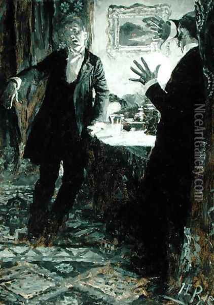 He Put the Glass to his Lips and Drank at one Gulp, from Dr. Jekyll and Mr. Hyde by Robert Louis Stevenson 1850-94, American edition, published 1895 Oil Painting - Howard Pyle
