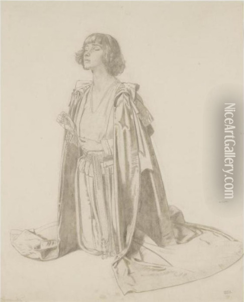 Kneeling Figure Of A Woman - Study For The Holy Well Oil Painting - Sir William Newenham Montague Orpen