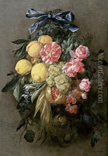 Hangendes Blumenarrangement Mit Fruchten An Einer Blauen Schleife Oil Painting - Cornelis De Heem