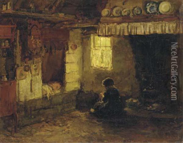 A Cottage Interior: Playing By The Window Oil Painting - Arthur Briet