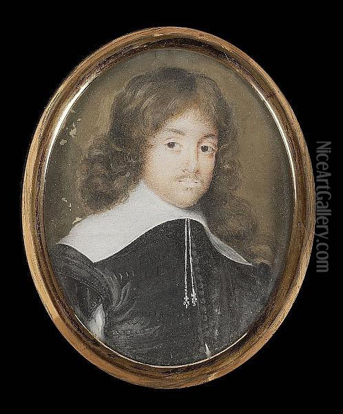 A Gentleman, Called James Graham, 5th Earl Of Montrose (1612-50), Wearing Black Doublet, The Sleeve Slashed To Reveal White And Wide White Lawn Collar With Tassels Oil Painting - Richard Gibson
