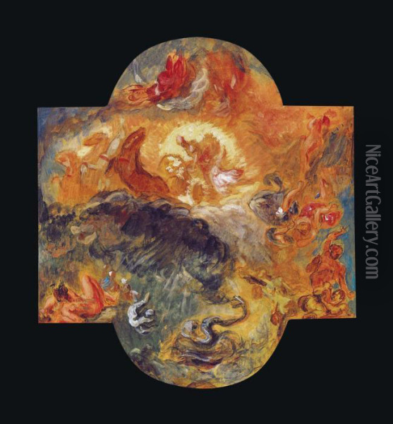 Apollo Slays Python With The Wax Posthumous Sale Seal Oil Painting - Eugene Delacroix
