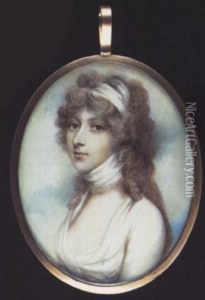 Lady Lilford Wearing White Dress, A Matching Scarf At Her Neck And Bandeau In Her Powdered, Curled Hair Oil Painting - Andrew Plimer