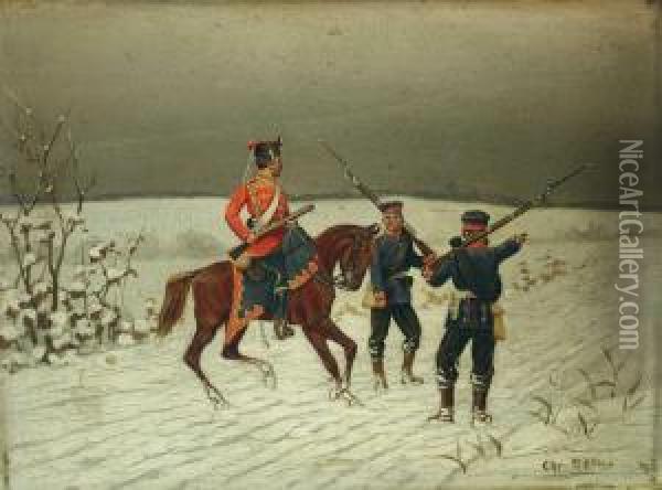 Drei Soldaten In Verschneiter Landschaft. Oil Painting - Christian I Sell