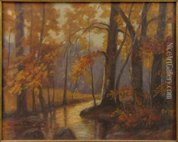 Autumn River Landscape Oil Painting - Henry Lewis