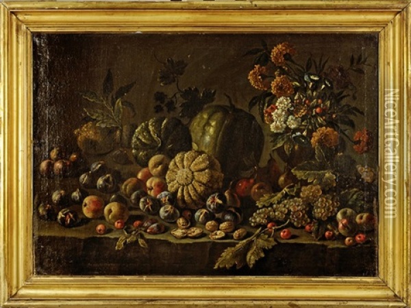 Nature Morte Au Melon, Figue, Peches, Bouquet De Fleurs Sur Un Entablement De Pierre Oil Painting - Joseph Teal Cooper